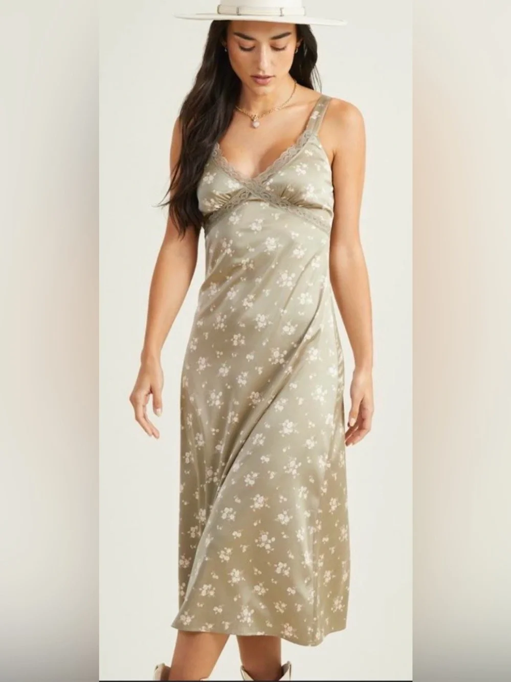 Altar’d State Floral Lace Trim Silk Slip Dress in Sage Green M - Picture 1 of 6